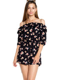 Off Shoulder Floral Romper, Black
